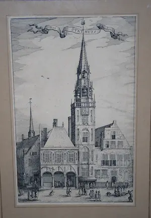 Claes Jansz. Visscher - [2x] 17e Eeuw: Stadhuis & Montelbaanstoren Amsterdam kopen? Bied vanaf 60!