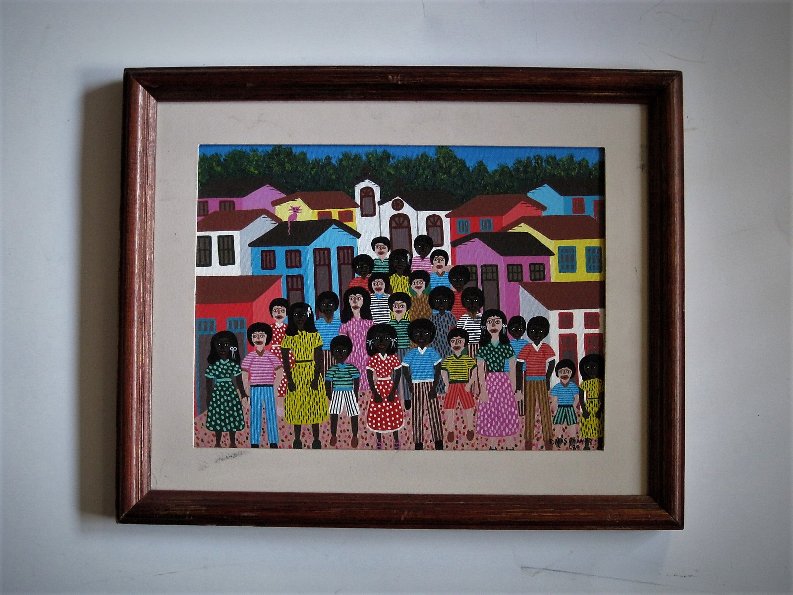 Niet of onleesbaar gesigneerd - Brazilie Rio naief acryl/doek "Kinderen op Plein" gesigneerd  verkocht voor € 1!