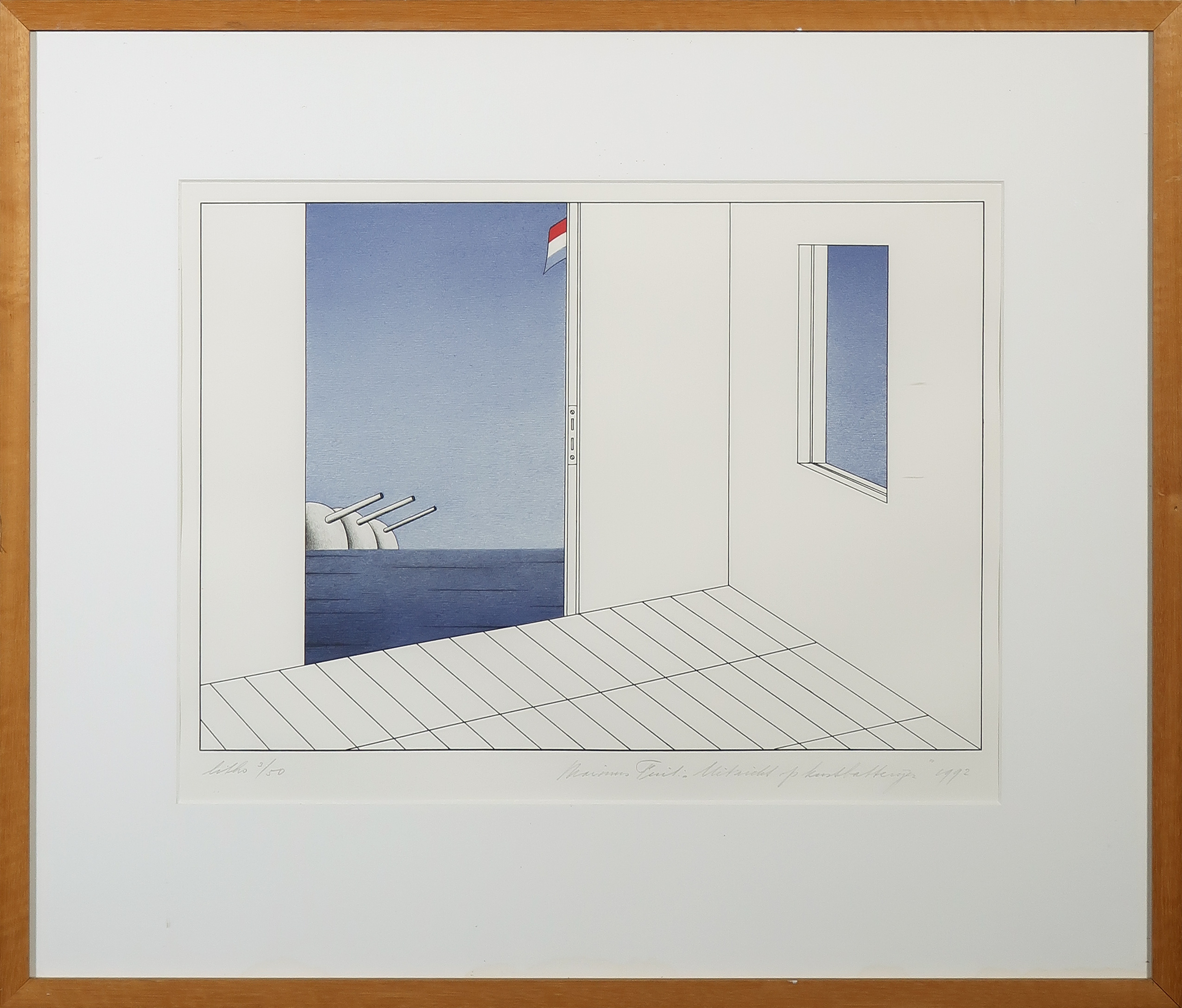 Marinus Fuit - Litho, Uitzicht op kustbatterijen - Ingelijst verkocht voor € 50!