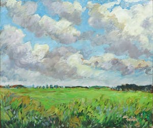 Jan Dekker - Olieverf op hardboard, Noord-Hollandse lucht, Ingelijst kopen? Bied vanaf 50!