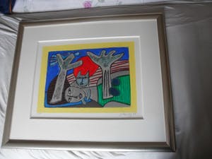 Corneille - Zeefdruk, Complicité entre la femme et l'oiseau - Ingelijst kopen? Bied vanaf 175!