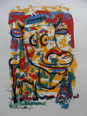 Peter Klashorst - Zeefdruk, titel. " schilderende koe ". kopen? Bied vanaf 35!