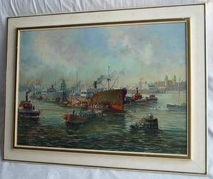 Niet of onleesbaar gesigneerd - Olieverf op doek , Havengezicht, Rotterdam? – ingelijst & gesigneerd kopen? Bied vanaf 1!