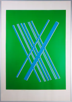 Willem Hussem - Zeefdruk, Compositie met gekruiste lijnen in groen en blauw - Ingelijst kopen? Bied vanaf 200!