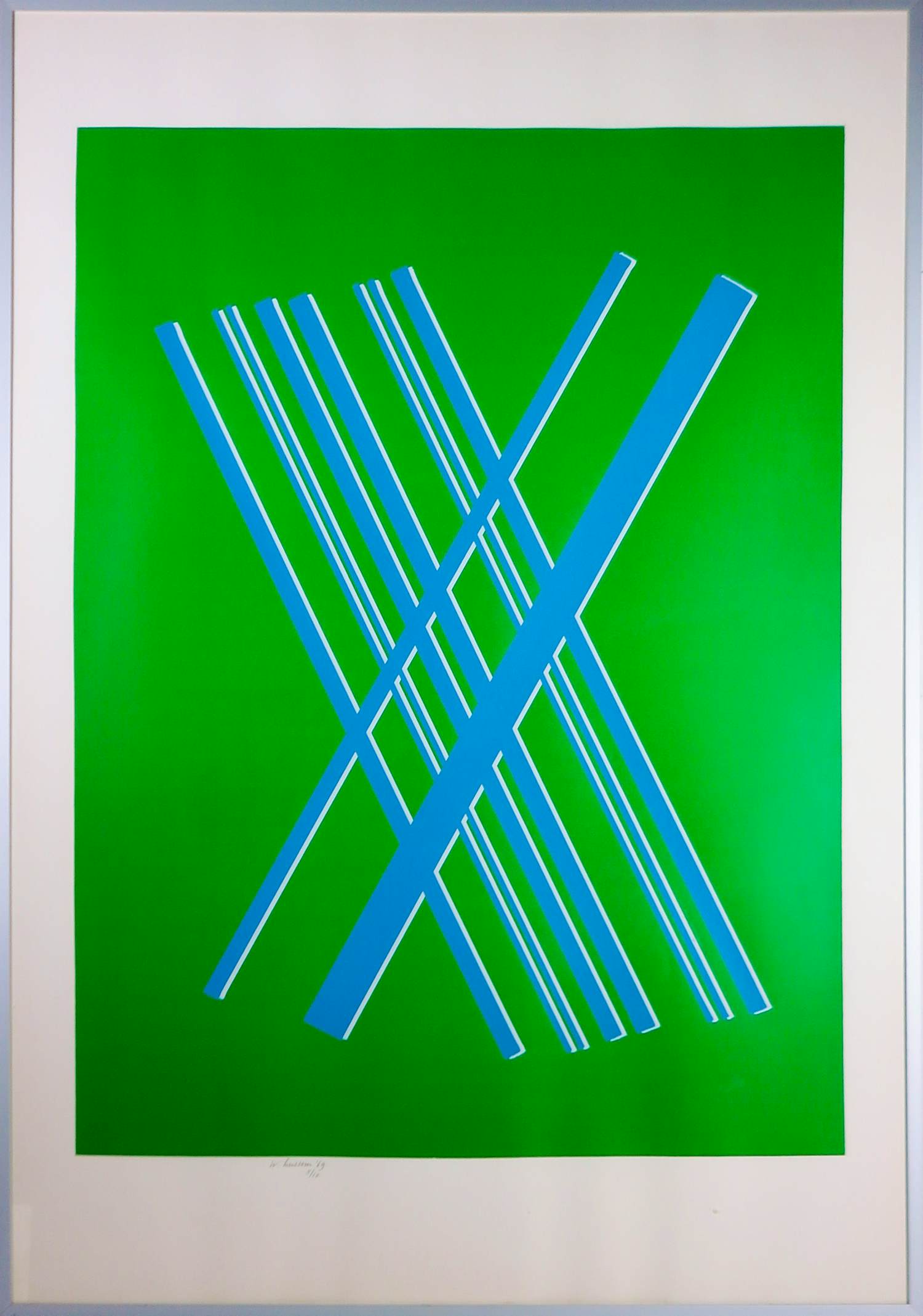 Willem Hussem - Zeefdruk, Compositie met gekruiste lijnen in groen en blauw - Ingelijst kopen? Bied vanaf 200!