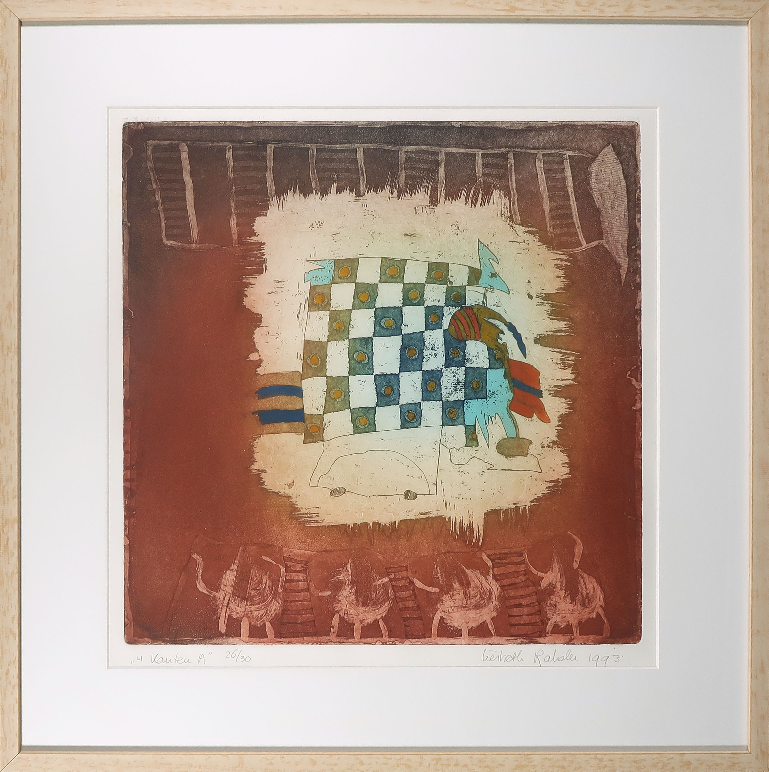 Liesbeth Rahder - Kleurenets en aquatint, 4 Kanten A - Ingelijst verkocht voor € 50!