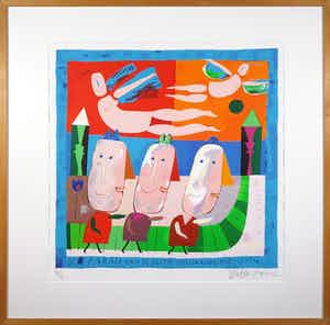 Wouter Stips - Zeefdruk, De parade van de beetje gelukkige mensen - Ingelijst verkocht voor € 50!