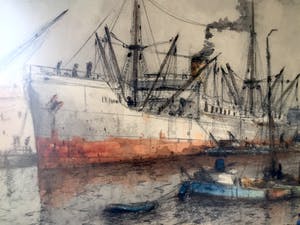 Willem Bos - Drukte in de Rotterdamse Haven - Gemengde techniek, Ingelijst kopen? Bied vanaf 240!