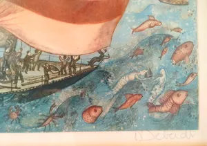 Francoise Deberdt - (1934) gedetailleerde kleurenets, 'fantoomschepen op zee' kopen? Bied vanaf 85!