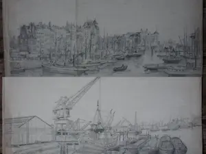 Eugene Rensburg - 2 potlood tekeningen: Spaanse kade Rotterdam kopen? Bied vanaf 100!