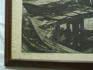 Toon Pluymers - Ingelijste ets , Gezicht op Antwerpen – Lijst, 56 x 71 cm. kopen? Bied vanaf 1!