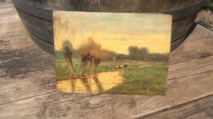 Geo Poggenbeek - polderlandschap met wilgen en vennetje met koe. kopen? Bied vanaf 115!