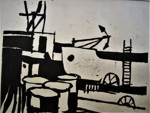 Hans Bernard - protege Klaas Drupsteen- gesigneerde Linosnede "Haven scheepswerf" 1963 kopen? Bied vanaf 10!