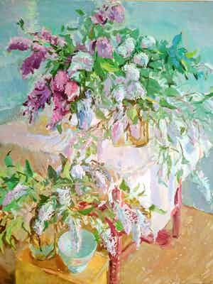 Jan Zwaan - Groot werk: Stilleven met seringen verkocht voor € 200!