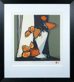 Fon Klement - Boardsnede, Les fleurs automnales- Ingelijst verkocht voor € 100!