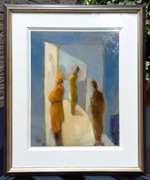 Han Mes - Drie figuren in strijklicht, olieverf op karton (mooi ingelijst, groot) kopen? Bied vanaf 325!