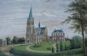 Henri Knip - Pastelkrijt tekening: Kerk en pastorie te Hedel kopen? Bied vanaf 2500!