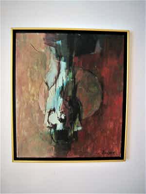 Niet of onleesbaar gesigneerd - Intrigerend abstract OLIEVERF "meneer Tienoppen" gesigneerd EUG.. verkocht voor € 1!