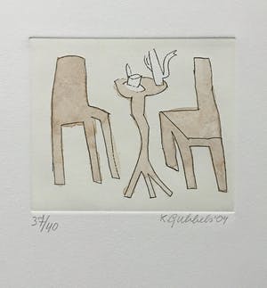 Klaas Gubbels - ets met aquarel ingekleurd - ‘Interieur met servies’ - 2004 kopen? Bied vanaf 245!