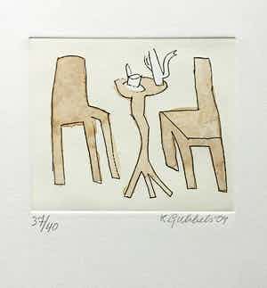 Klaas Gubbels - ets met aquarel ingekleurd - ‘Interieur met servies’ - 2004 verkocht voor € 245!