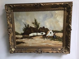 Niet of onleesbaar gesigneerd - Boerenerf met boerin en kippen. kopen? Bied vanaf 1!