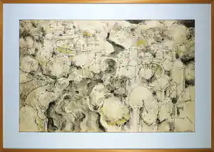 Hans van den Boogaard - Grote pastelkrijt tekening, Stadsgezicht - Ingelijst (Groot) verkocht voor € 200!