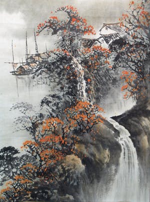 Niet of onleesbaar gesigneerd - Japanse scroll, “Waterval” - Aquarelverf + inkt + porselein - vroeg 20e Eeuw kopen? Bied vanaf 1!