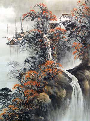 Niet of onleesbaar gesigneerd - Japanse scroll, “Waterval” - Aquarelverf + inkt + porselein - vroeg 20e Eeuw verkocht voor € 1!