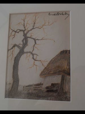 Dirk Baksteen - HOEVE MET BOOM GEKLEURDE ORIGINELE POTLOODTEKENING kopen? Bied vanaf 55!