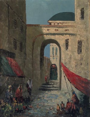 Niet of onleesbaar gesigneerd - Stadsgezicht met marktscene - olieverf op doek kopen? Bied vanaf 10!