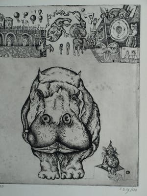 Ab Steenvoorden - Ets , Het Nijlpaard – Surrealistische voorstelling, 1972 - 19½ x 33½ cm kopen? Bied vanaf 35!