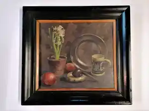 Leo Meurrens - Stilleven: hyacint, fruit en div. attributen verkocht voor € 40!