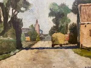 Niet of onleesbaar gesigneerd - Dorpzicht met hooikar kopen? Bied vanaf 1!