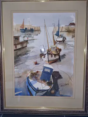 Terry Burke - Aquarel Haven Brixham Zuid Engeland met lijst kopen? Bied vanaf 30!