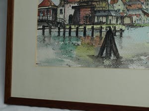Niet of onleesbaar gesigneerd - Gesigneerd “Belleke ?” , Aquarel - “Molen aan de haven” – ingelijst kopen? Bied vanaf 10!