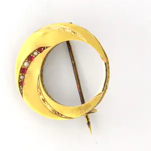 14k gouden broche bezet met robijn en parel kopen? Bied vanaf 190!