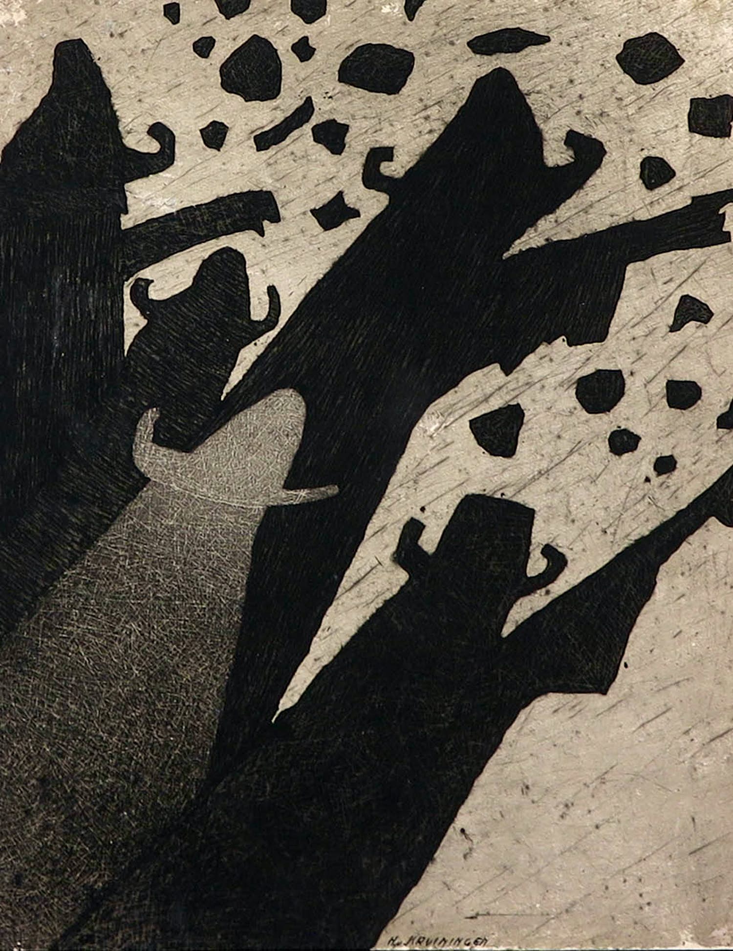 Harry van Kruiningen - Ets op marouflé, Het aansprekersoproer verkocht voor € 50!