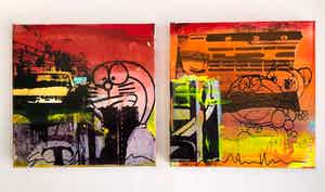 George Heidweiller - 2 luik. Gemengde techniek, Zonder titel verkocht voor € 80!