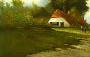 Niet of onleesbaar gesigneerd - Hollands Landschap - Boerderij aan Zandweg - Olieverf op paneel - Signatuur kopen? Bied vanaf 1!