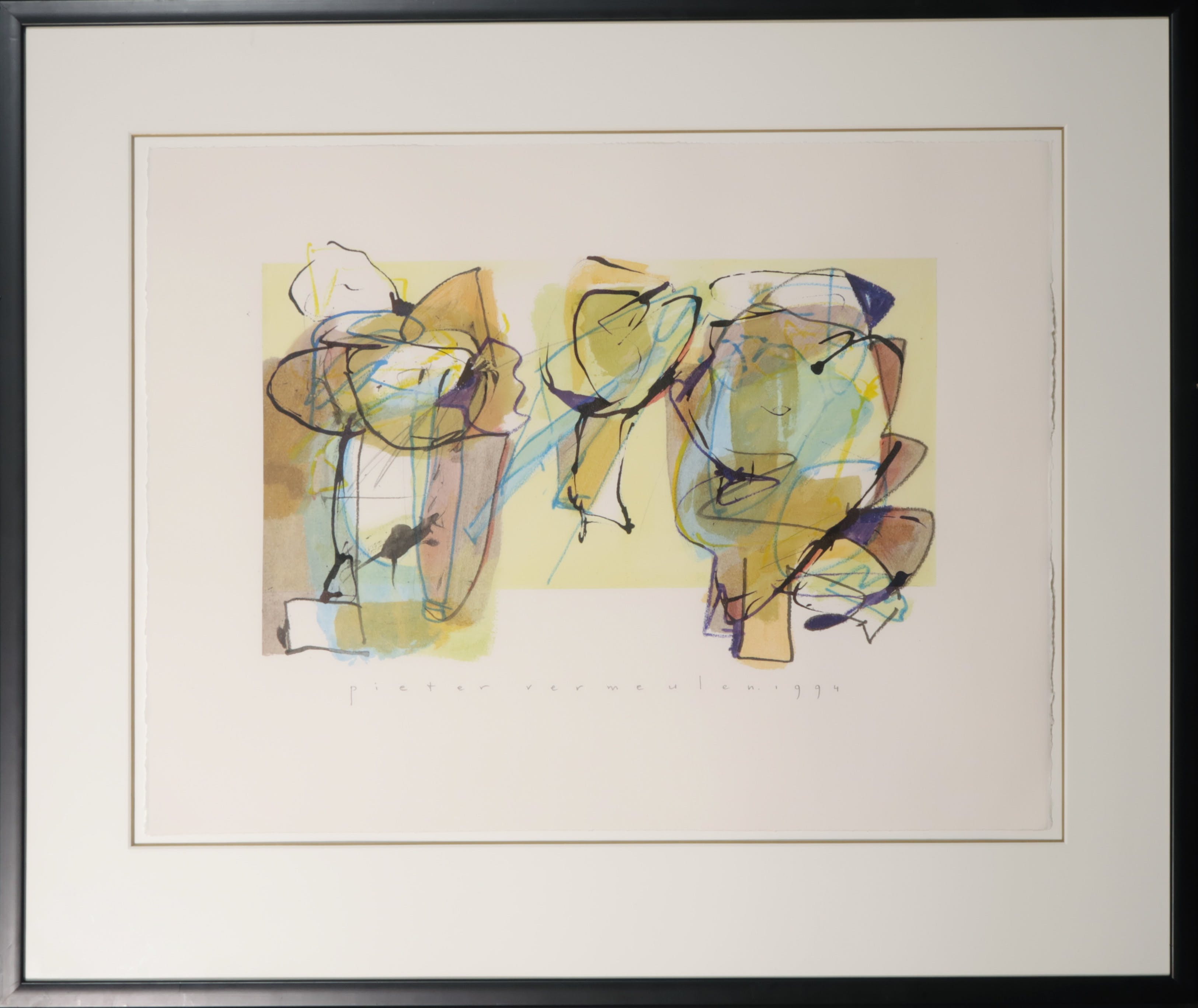 Pieter Vermeulen - Pieter Vermeulen - Gemengde techniek op papier, Zonder titel - Ingelijst verkocht voor € 45!