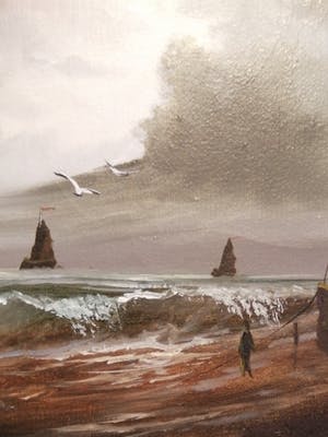 Niet of onleesbaar gesigneerd - Hollandse School - de Rooy?? - Katwijkse tjalken aan de kust - Zeegezicht kopen? Bied vanaf 10!