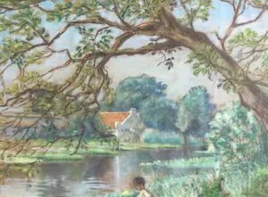 Niet of onleesbaar gesigneerd - Vissende jongen | fraaie krijttekening (1948) - ingelijst kopen? Bied vanaf 1!