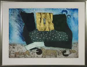 Michel van Overbeeke - Kleurenets met bladgoud, Poppins Bench II - Ingelijst (Groot) verkocht voor € 1!