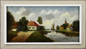 Niet of onleesbaar gesigneerd - "Zicht op dorp aan vaart met boerderijen, kerk en zeilschip" - olieverf opdoek kopen? Bied vanaf 10!