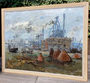 Jan Korthals - Hoogovens, olieverf op doek (ingelijst, groot) kopen? Bied vanaf 995!