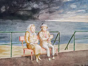 Hans van Norden - Grote, in 1981 geschilderde karikaturale aquarel "Avondrust" gesigneerd kopen? Bied vanaf 41!