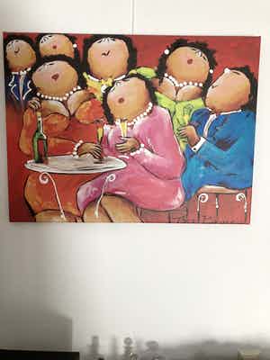 Theo Broeren - Glicée met acryl op doek ‘ Gezellige borrel ‘ verkocht voor € 70!