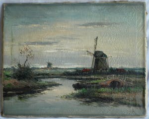 Clemens Wolters - Olieverf op doek, Molens in een Hollands landschap – ca 1915 kopen? Bied vanaf 35!