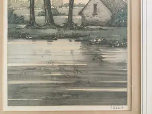 Roger Hebbelinck - Fraai ingelijste kleuren ets met Vlaams herfstlandschap kopen? Bied vanaf 40!