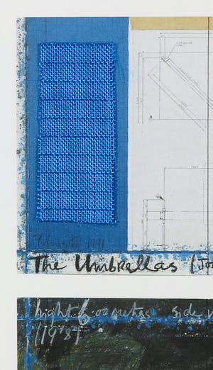 Christo - Handgesigneerd exemplaar The Umbrellas met stukje stof - Ingelijst kopen? Bied vanaf 1!